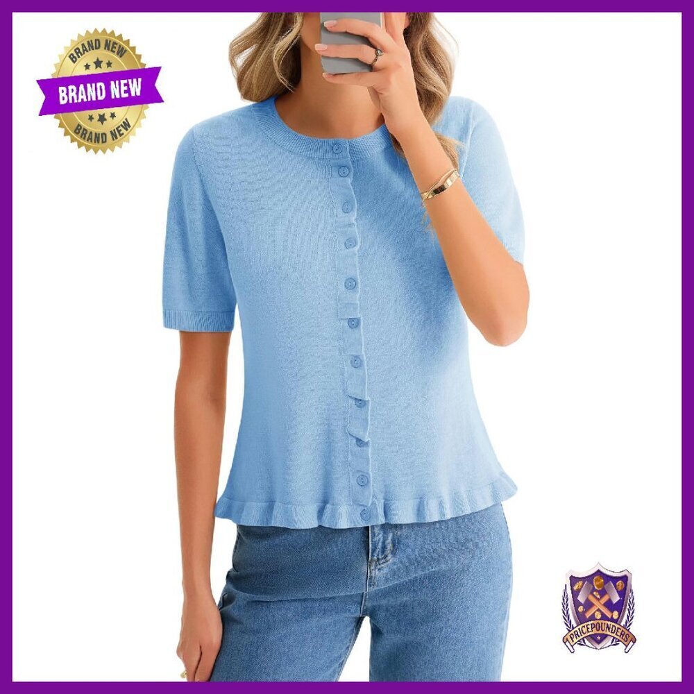 Lightweight Ruffle Cardigan Short Sleeve Button Down Summer Top